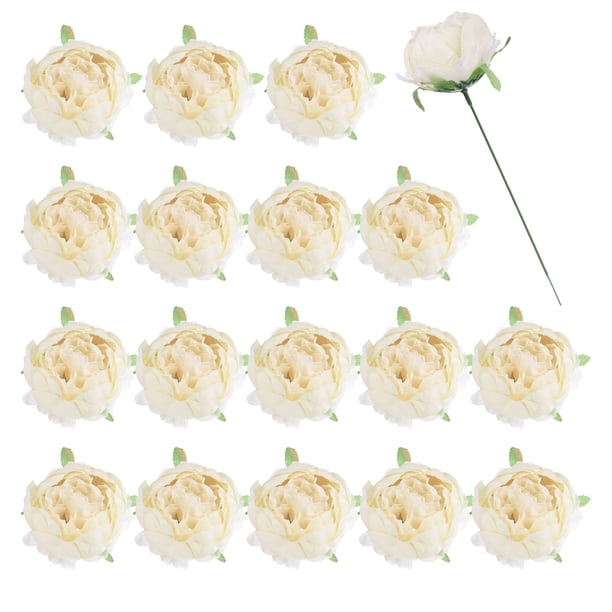 Uxcell 25Pcs Peonías Flores Artificiales, Cabezas de Flores de Peonía Artificial de Seda con Tallos Falsos, Beige