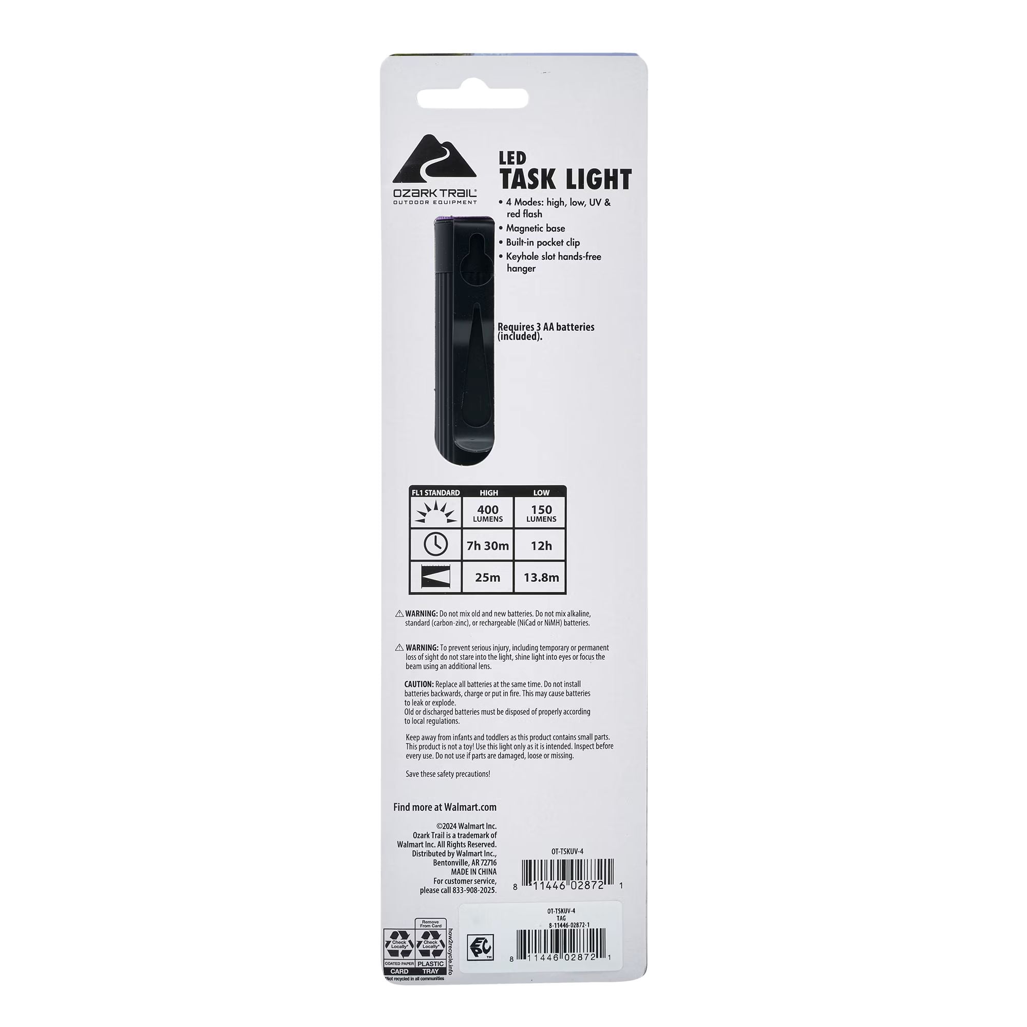 Ozark Trail LED Flashlight with UV Light, 400 Lumens, Aluminum, Black