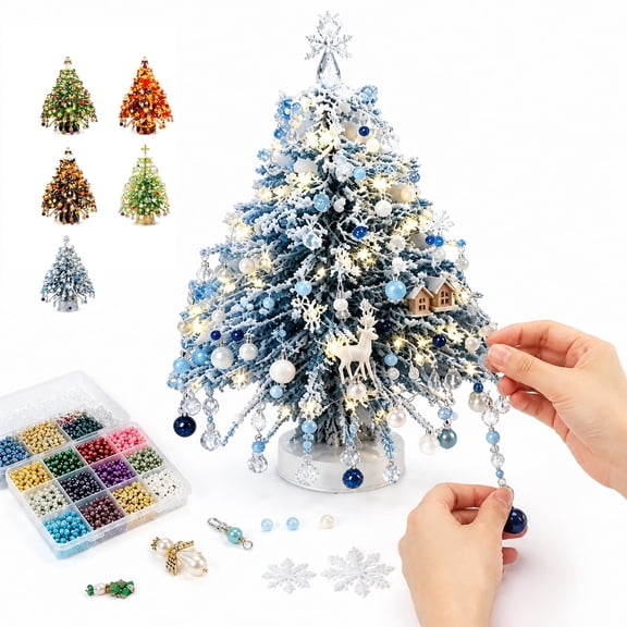 DIY Beaded Christmas Tree Kit, 3D Crystal Bead Craft Set with Lights Metal Frame & Angel Topper Included, Ideal Handmade Holiday Gift For Adults