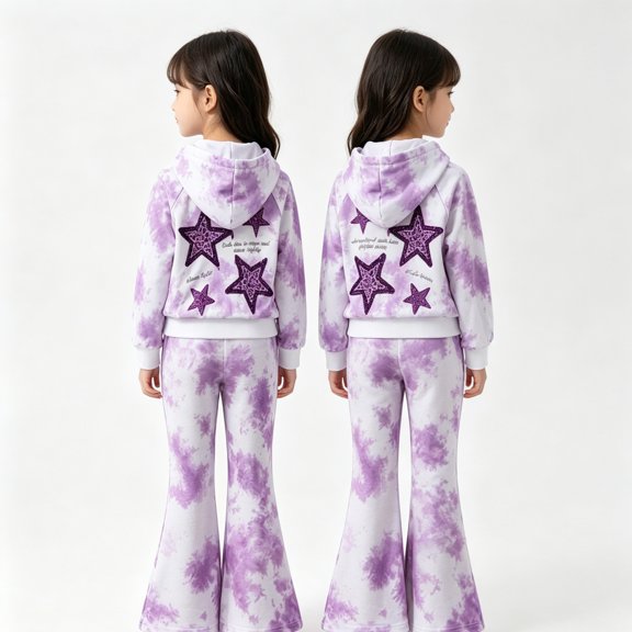 KEXE Little Girls Tie‑Dye Hoodie Set Star Long‑Sleeve Cropped Hooded Sweatshirt Flare Pants