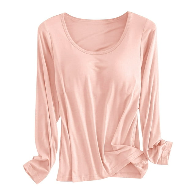Built In Bra T Shirt For Womens Padded Long Sleeve Tops Active Blouses Soft Pajama Casual Shirts For Workout