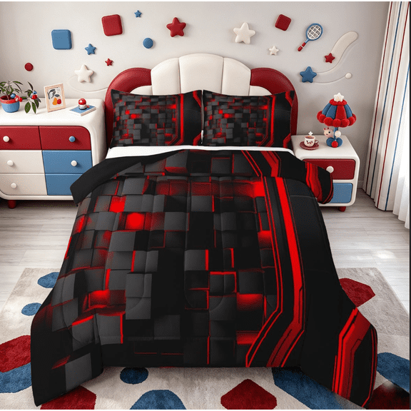 Erosebridal Red Black Grid Bedding Sets Twin with Comforter,Modern Geometric Duvet Insert,Neon Plaid Comforter Sets Twin Size For Teens,Ultra Soft Room Decoration Reversible,2 Pieces