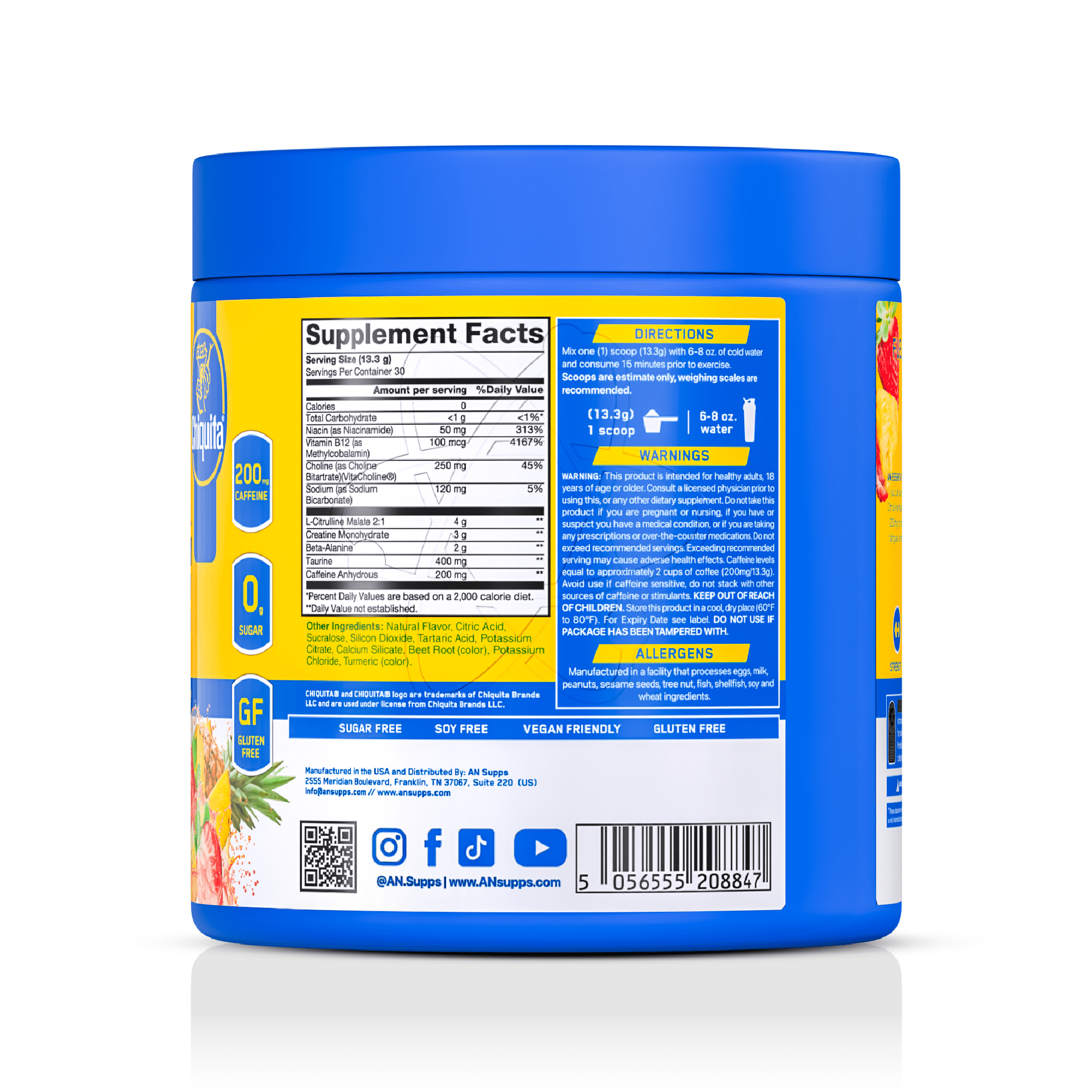 AN Supps Essential PRE Workout Powder Pineapple Strawberry, 200mg Caffeine, No Sugar, Vegan, Gluten & Soy Free, Chiquita® Natural Flavor, Pre-Workout Energy Drink – 30 Servings