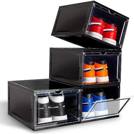 

4 Pack Shoe Storage Boxes Shoe Boxes Stackable Sneaker Containers Magnetic Box Drop Front Shoe Organizer Shoes Cases Display Bins for Living Room Fit up to Size 12 (13.4x 9.8x 7.1) (Black)