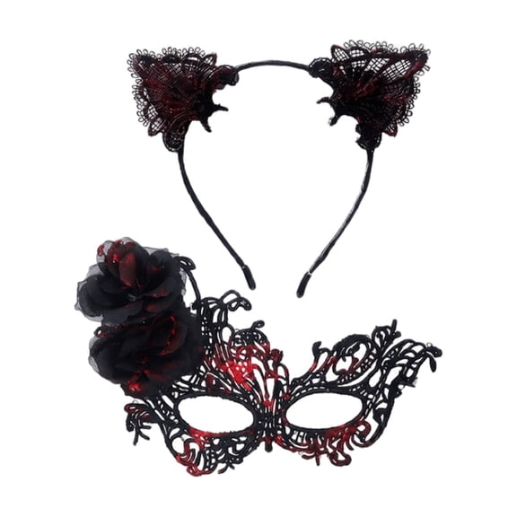 Masquerade Set Black Red Lace Cat Ear Headband Half Face Eye Mask for Women Halloween Party Accessories