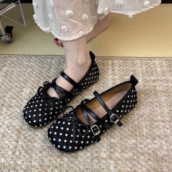 Samdudou Mary Janes Shoes for Women Closed Toe Round Front Multiple Criss Cross Buckle Straps Sweet Bowknot Decor Polka Dot Print Casual Walking Everyday Footwear