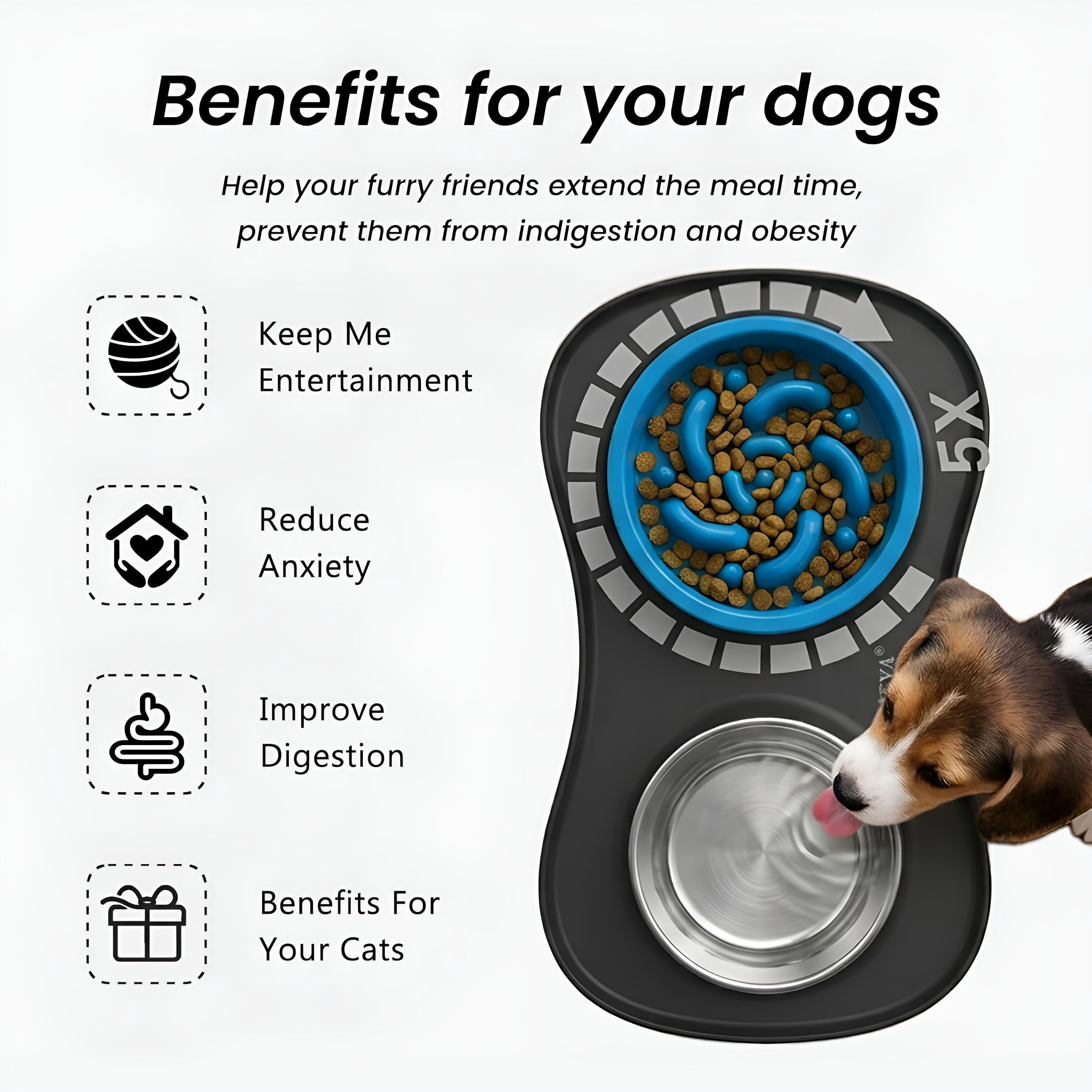 ACDANC Slow Feeder Dog Bowls Stainless Steel Food and Water Bowl Set 3 in 1 No Spill Waterproof Silicone Pet Food Mat Puppy Feeding Station for Large Medium Small Breed Non Slip Metal Dish Tray