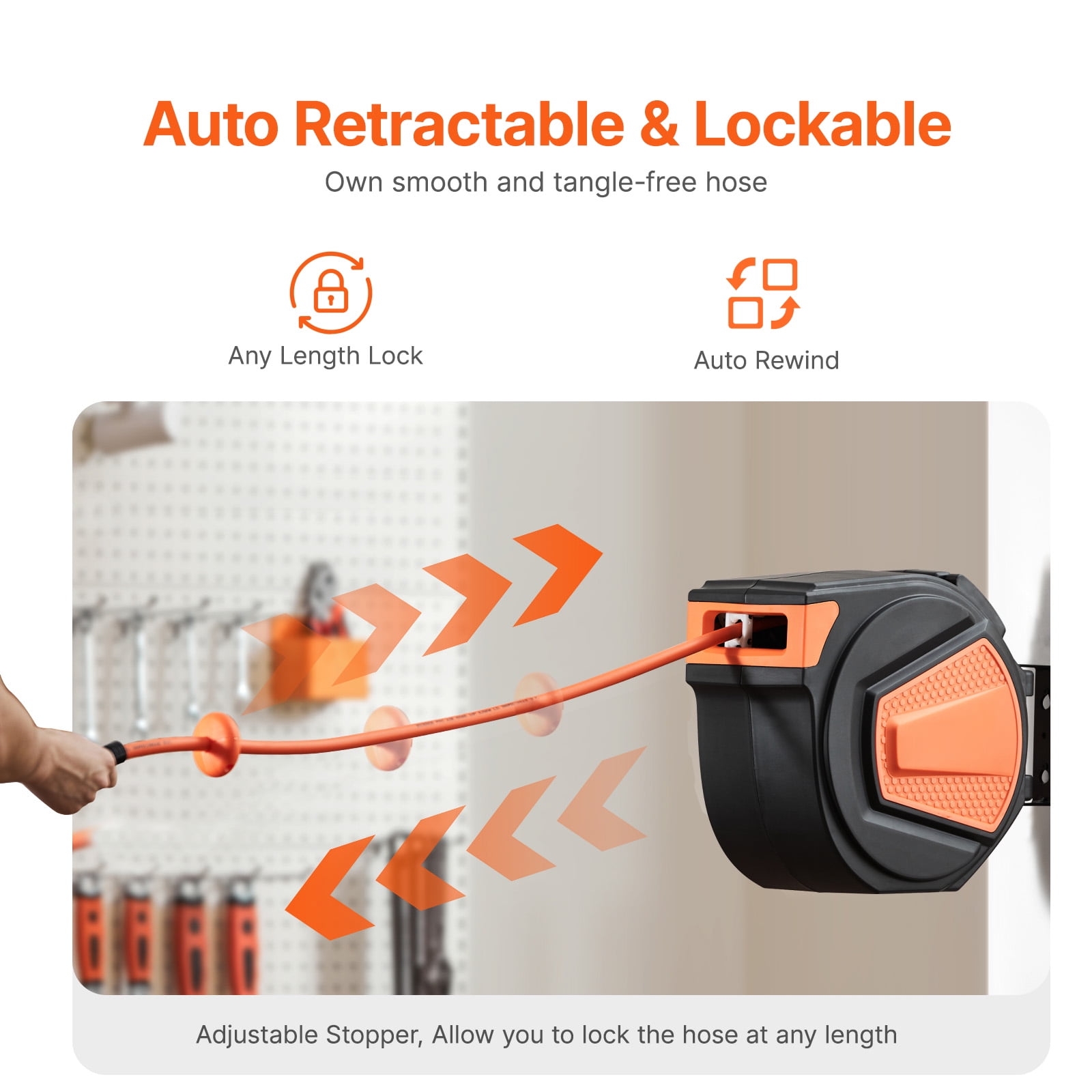 KFFKFF Retractable Air Hose Reel, 3/8IN x 65FT Hybrid Air Hose with 300PSI Capacity, Auto-Rewind Compressor Hose Reel Featuring 6.6 FT Lead-In Hose, Wall/Ceiling Mount Design with Enclosed PP Reel