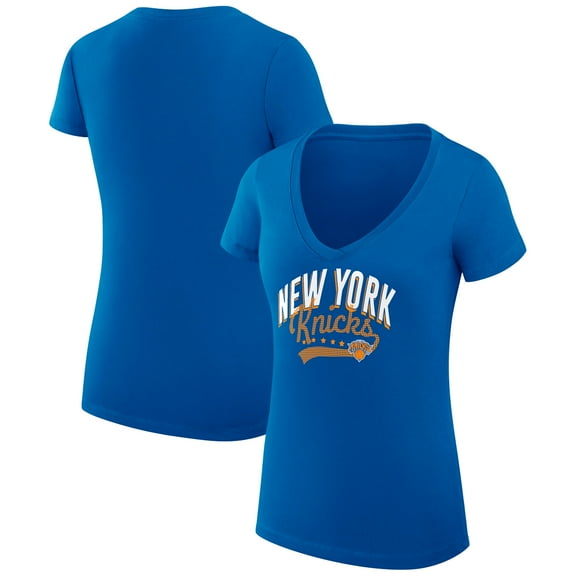 Women's G-III 4Her by Carl Banks Blue New York Knicks Super-Slim Fit Lightweight Filigree Logo V-Neck T-Shirt