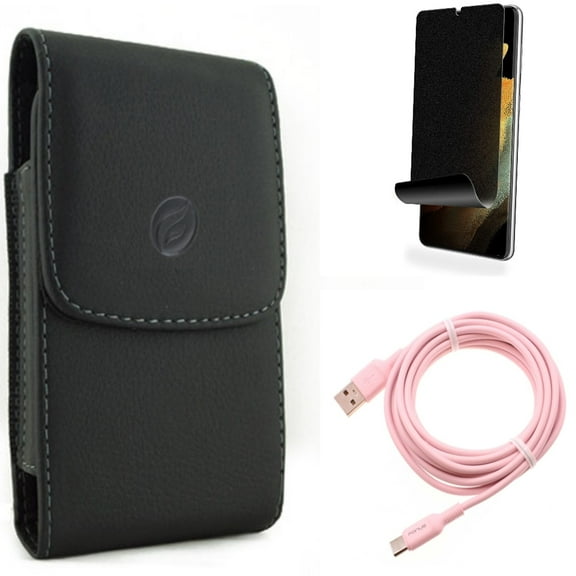 10ft Long USB-C Cable & Case Belt Clip & Privacy Screen Protector for Samsung Galaxy S22 Plus (S22 ) - Combo Pink Charger Cord Power Wire & Leather Holster Cover & TPU Film (Fingerprint Works)