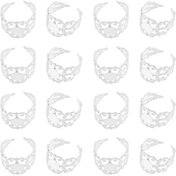 30Pcs DIY Blanks Ring Adjustable Filigree Open Cuff Ring Silver Metal Open Cuff Ring Flat Pad Ring Tray Bezel 17mm Inner Diameter Metal DIY Blanks Ring Sets for Jewelry Making