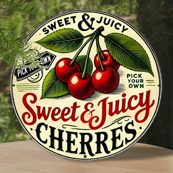Vintage Cherry-Themed Round Metal Sign, 8x8 Inches, Fruit Style Design for Kitchen Decor and Farmhouse Festival Gifts, Perfect for Room Decor