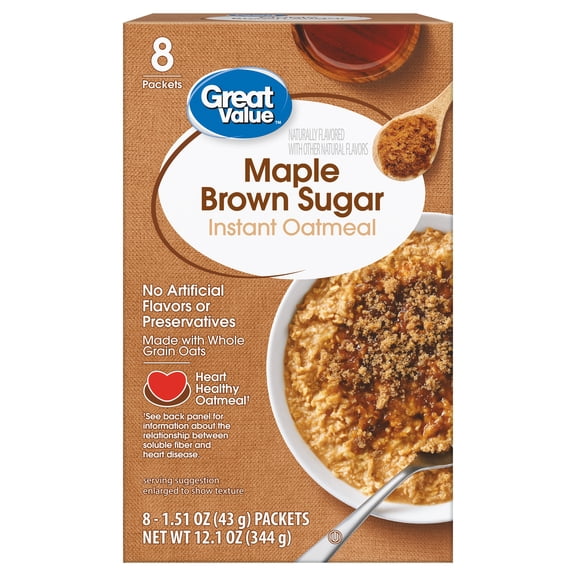 Great Value Maple Brown Sugar Instant Oatmeal, 1.51 oz, 8 Count