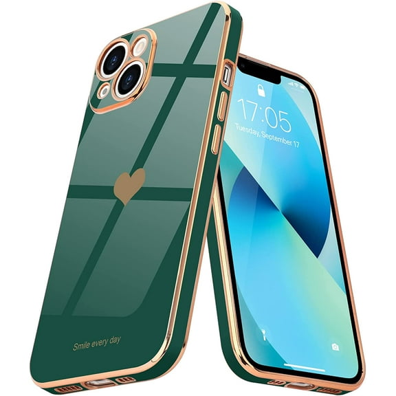 for iPhone 13 mini Case for Women Girl Cute Love-Heart Luxury Bling Plating Soft Back Cover Raised Full Camera Protection Bumper Silicone Shockproof Phone Case for iPhone 13 mini, Darkish Green