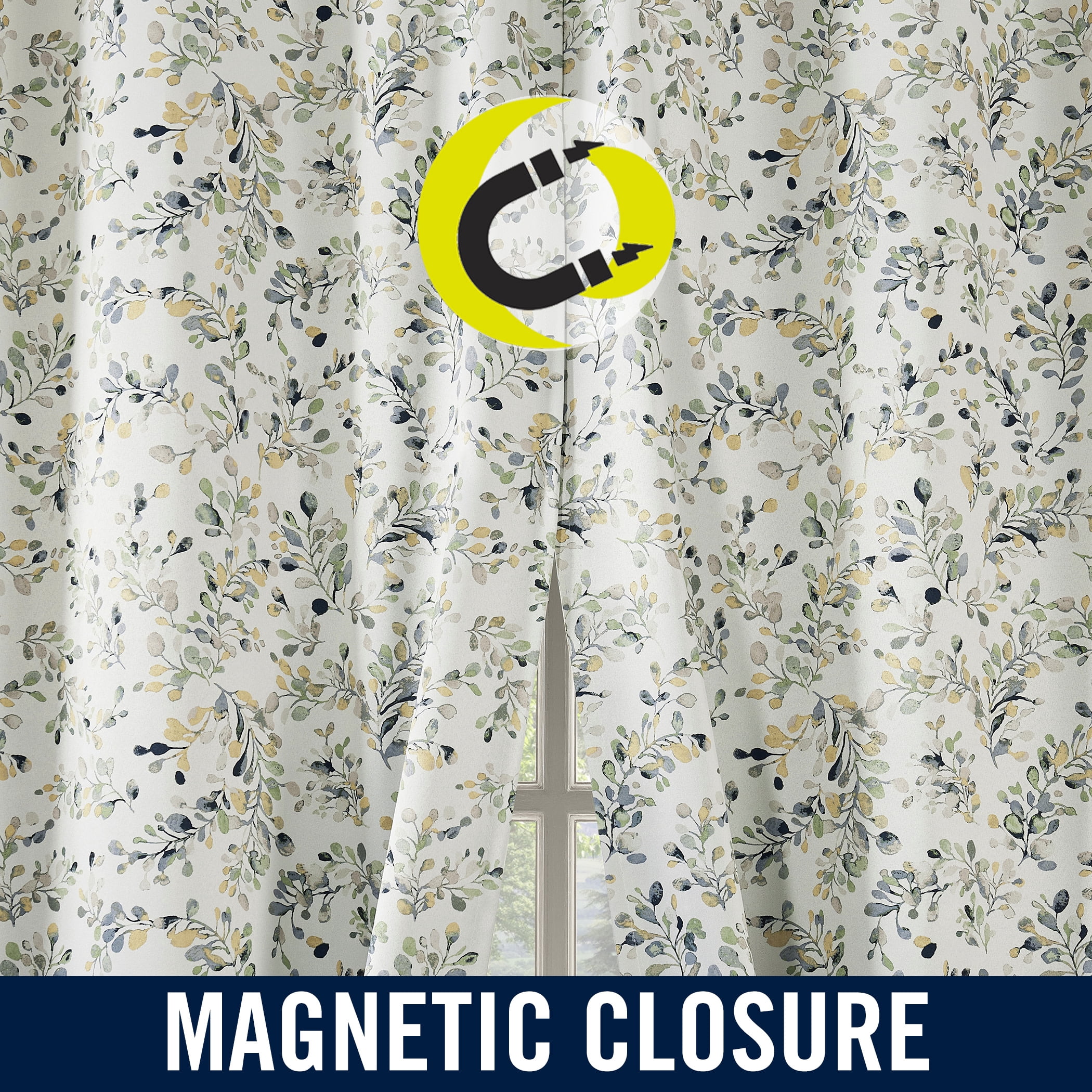 Sun Zero Quincy 2-pack Painted Foliage Magnetic Closure 100% Blackout Grommet Curtain Panel Pair, 40"W x 84"L, Blue