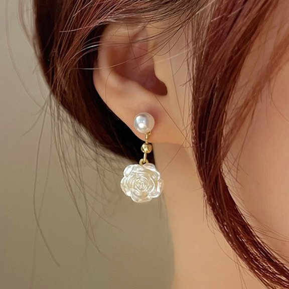 1 Pair Women Earrings Camellia Shape Faux Pearl Design Show Unique Charm Alloy Mini Flower Style Elegant All-Match Drop Earrings for Dating,B