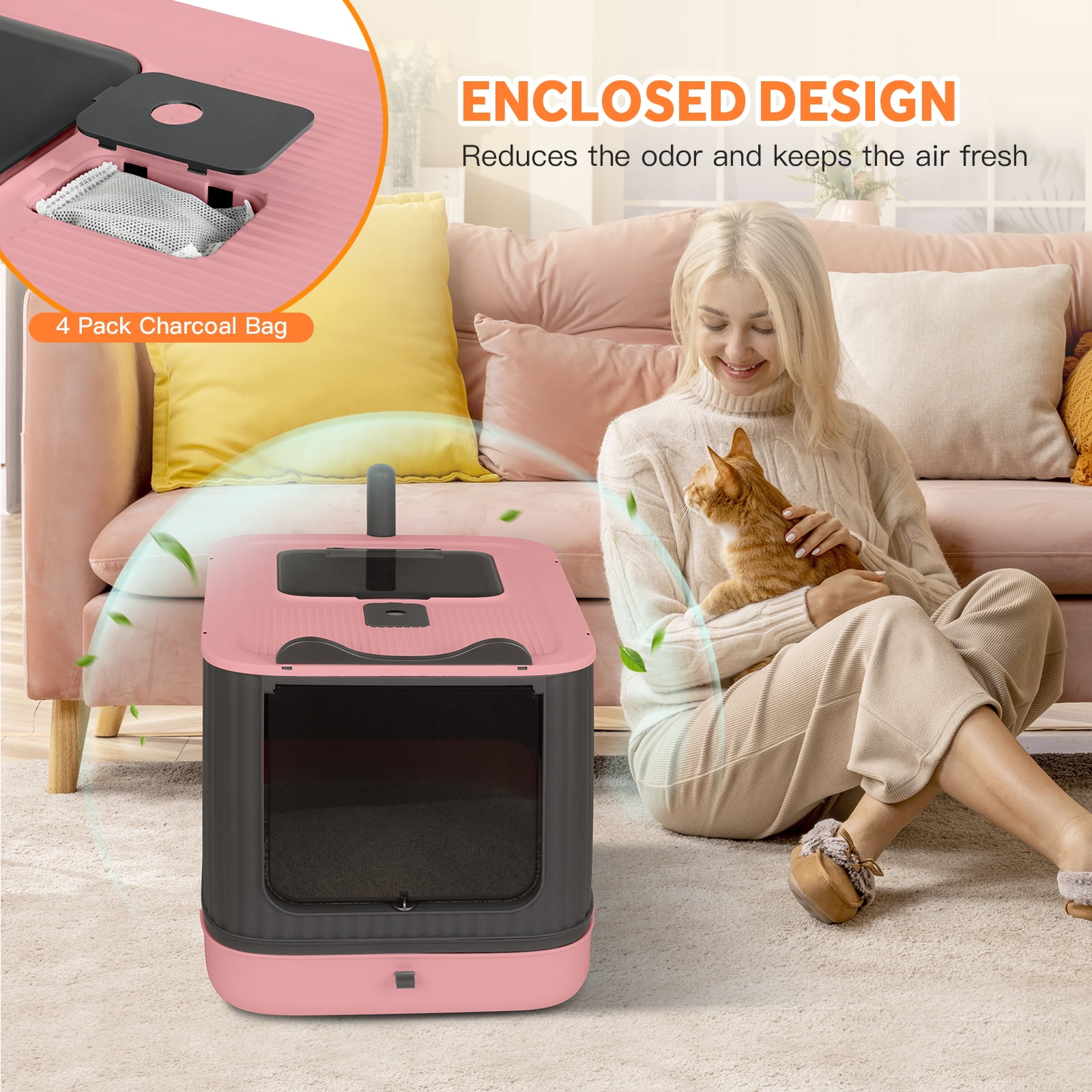 PHANCIR Enclosed Cat Litter Box with Lid, Easy to Clean with Includes Scoop & 4 Charcoal Deodorizer Bags,Pink