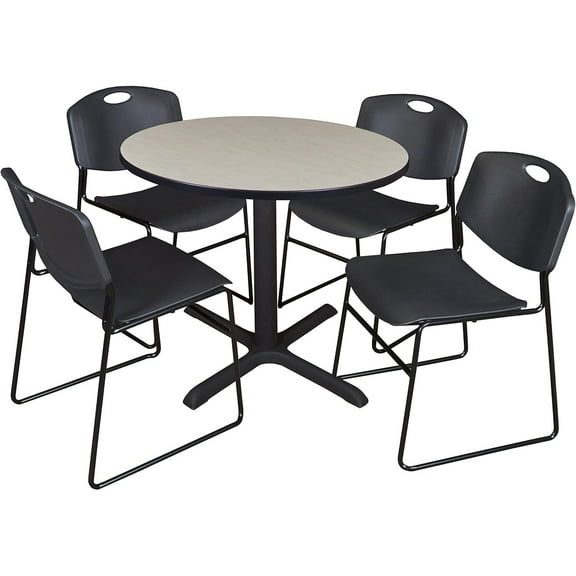 HomeStock French Flair 36" Round Breakroom Table- Maple & 4 Zeng Stack Chairs- Black, Ideal for Cafeterias, Dining, and Office Spaces