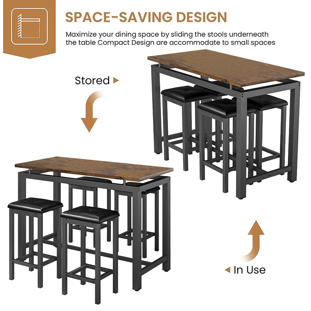 Counter Height Table Set of 5, Breakfast Bar Table and Stool Set, Minimalist Dining Table with Backless Stools, Wood Top Pub Table & Chair Set for Kitchen Apartment Bistro - Space Saving