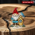thumbnail image 4 of Rotatable acrylic ornament featuring a stained glass gnome in red hat and turquoise shirt next to a birdhouse with a blue bird on top, 4 of 8