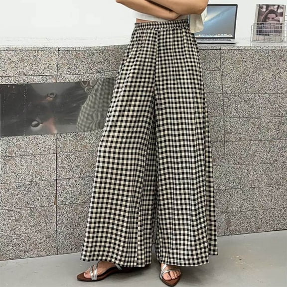 Sokhug Women Gingham Print Wide Leg Pants Elastic Waist Casual Loose Fit Plaid Summer Trousers