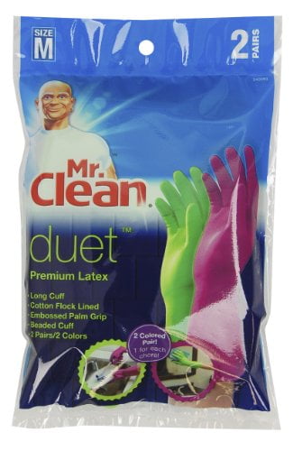 Mr. Clean 243093 Duet Reusable Latex Gloves, Medium, 3 Packs of 2 Pairs/2 Colors- 6 Pairs Total