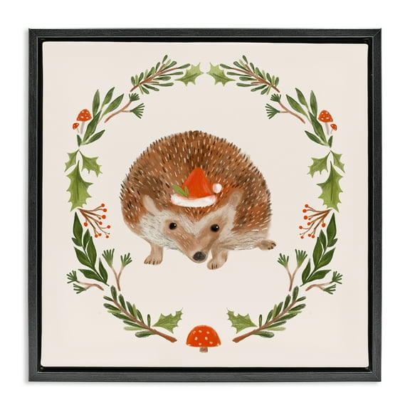 Stupell Industries Holiday Hedgehog Wreaf Holiday Painting Black Floater Framed Canvas Art Prints Wall Art, 18 x 18