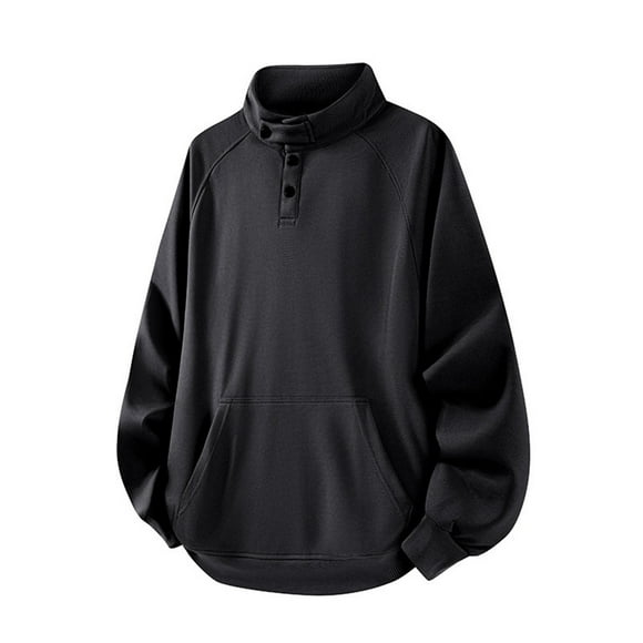 Viluyesy Heavyweight T Shirts for Men, Button Outdoor Solid Long Sleeve Pullover Shirt Black 2XL