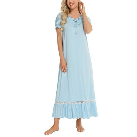 

Avamo Women Casual Ruffle Robes Crew Neck Sleep Dress Home Long Nightgown Lace Stitching Maxi Sleepwear Nightdress