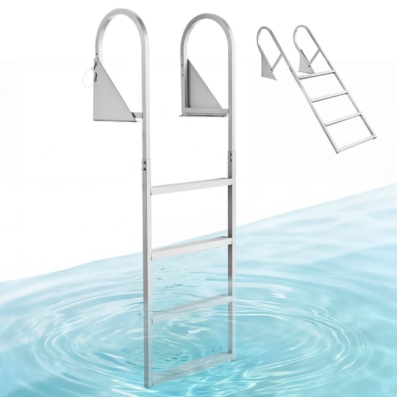 VEVOR Flip-Up Dock Ladder, 4-Step, Heavy-Duty Aluminum Alloy Pontoon Boat Swim Ladder, with Non-Slip Wide Steps, 350 lbs Weight Capacity, Pull Rope Assist, for Lake Swimming, Pool, Marine Boarding