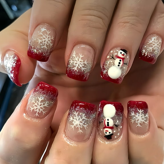 Red French Loose - powder False Nails - Christmas Snowman and Snowflake Design, Suitable for Autumn and Winter Nail Art