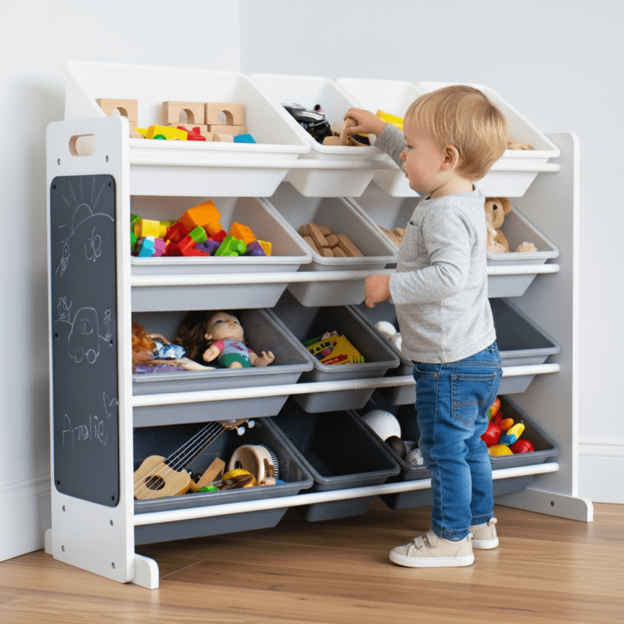 Humble Crew Storage Organizer with 16 Plastic Bins for Kids & Toddlers, White/Grey/Chalkboard