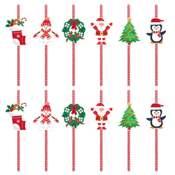 Christmas Themed Paper Straws Cartoon for Holiday Parties Disposable Drinkware