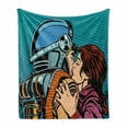 thumbnail image 1 of Love Soft Flannel Fleece Throw Blanket, Astronaut Kisses His Wife Illustration Vintage Pop Art Retro Style Print, Cozy Plush for Indoor and Outdoor Use, 50" x 70", Petrol Blue and Brown, by Ambesonne, 1 of 6