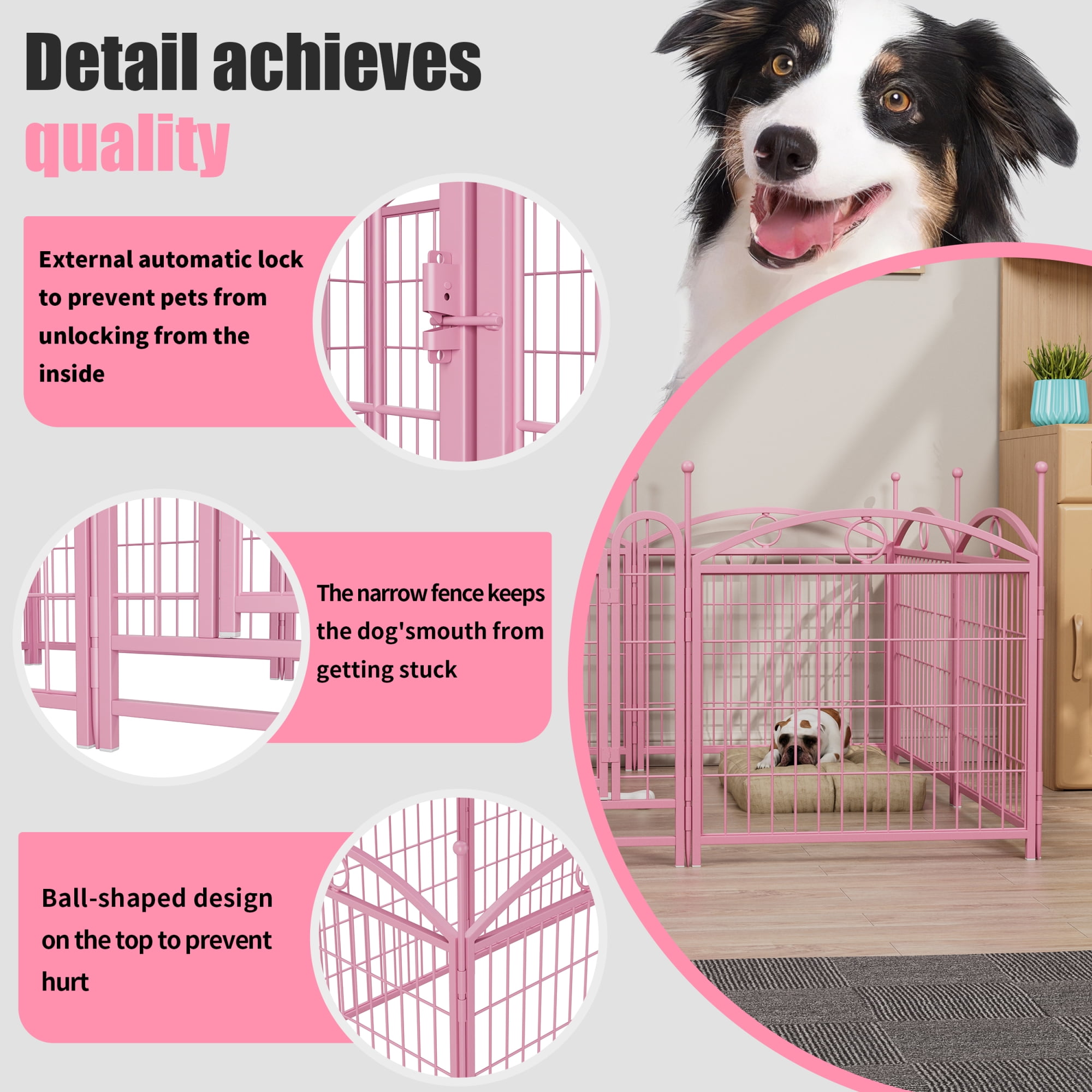 Jopath 24" 8 Panels Metal Dog Pen, Pet Dog Fence Outdoor Foldable Exercise Pen Heavy Duty Dog Fence Puppy Pen with Doors for Large Medium Small Dogs Pink