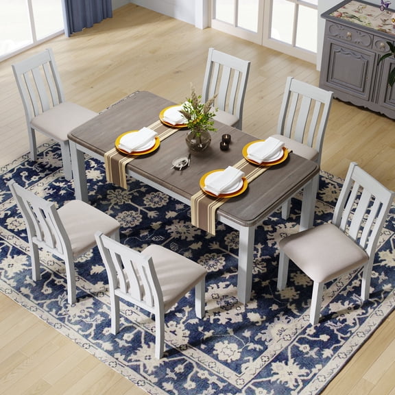 Besthome Retro Style 7-Piece Dining Table Set with Extendable Table and 6 Upholstered Chairs (Brown White)