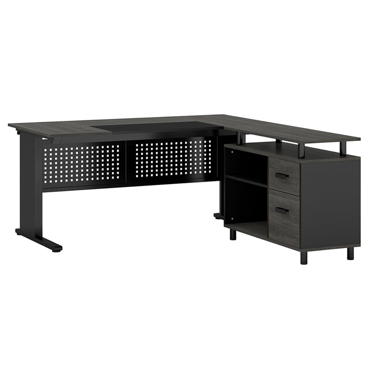 Demi Bonn 63" Modern Large Computer Desk with File Cabinet, Industrial L-Shaped Executive Desk, Study Work Desk for Home Office, Study, Living Room, Black