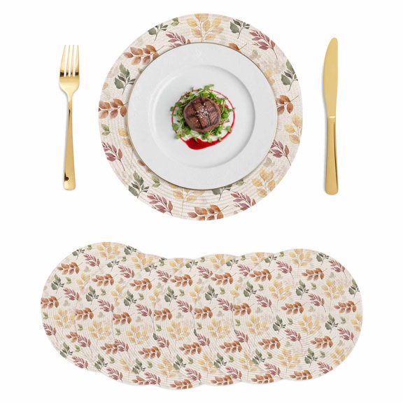 Orange Green Yellow Botanical Round 15 Inch Placemats Set of 6, Fall Maple Leaf Rustic HeatResistant Non Slip Place Mats for Dining Table, Wipeable Braided Kitchen Table Mats for Housewarming