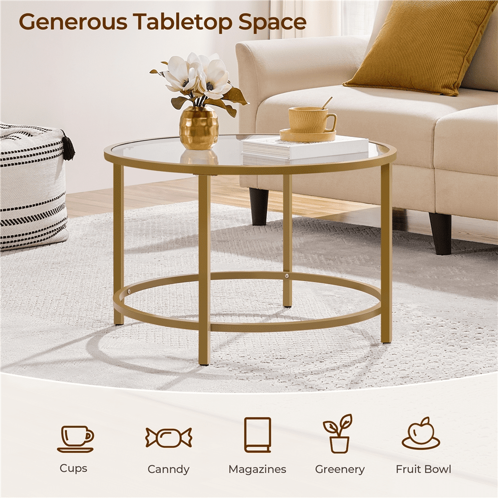 Renwick Modern Glass Top Coffee Table with Adjustable Foot Pads, Gold