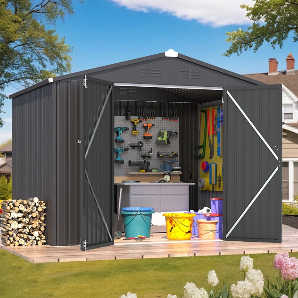 Seizeen 8x6ft Metal Storage Shed, All-Weather Outdoor Utility Shed with Air Vent, Lockable Doors, Sloped Top, Walk-in Garden Tool Shed for Bike Storage