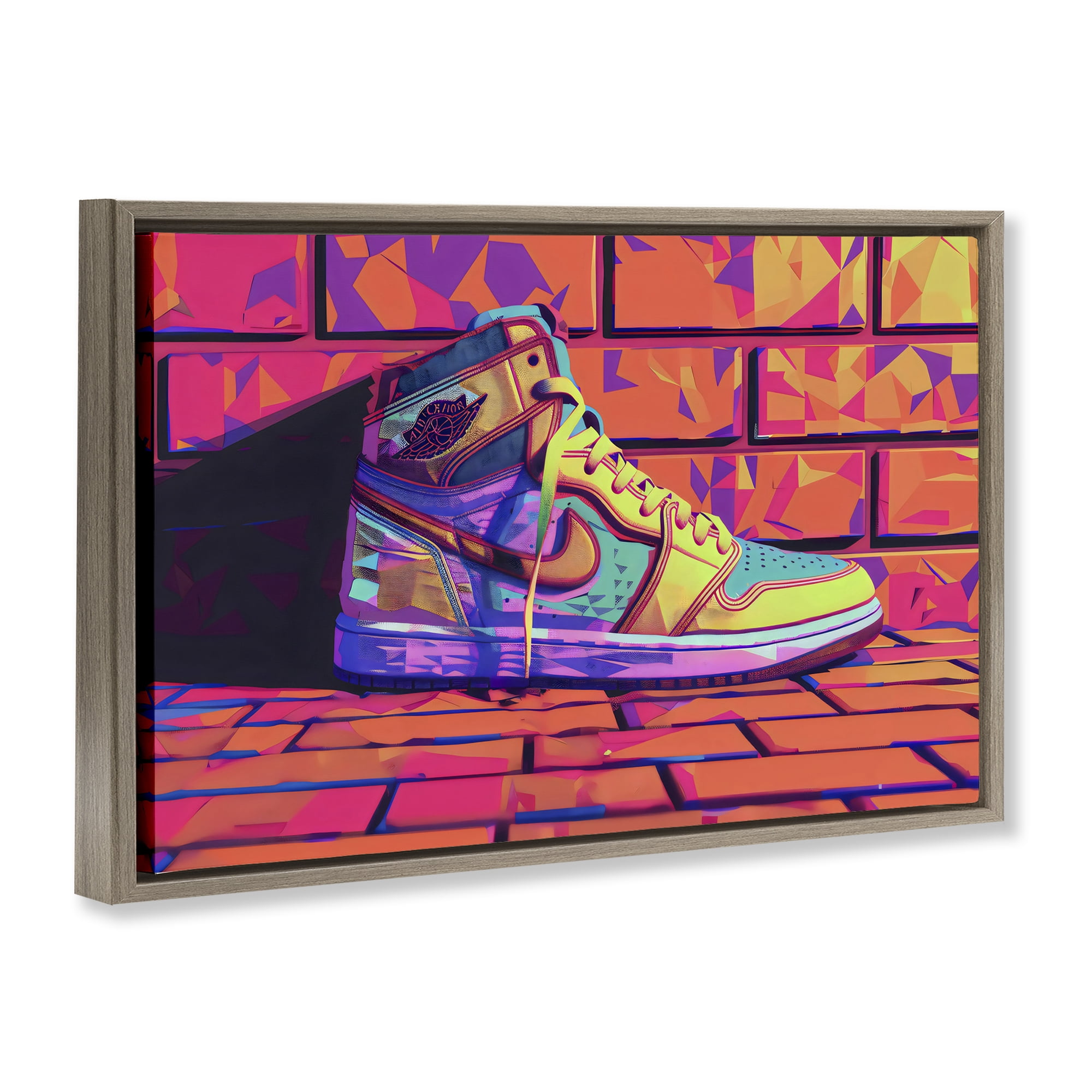 Stupell Industries Sneaker with Vibrant Geometric Hues Brown Framed Floater Canvas Wall Art, design by Creative Studio