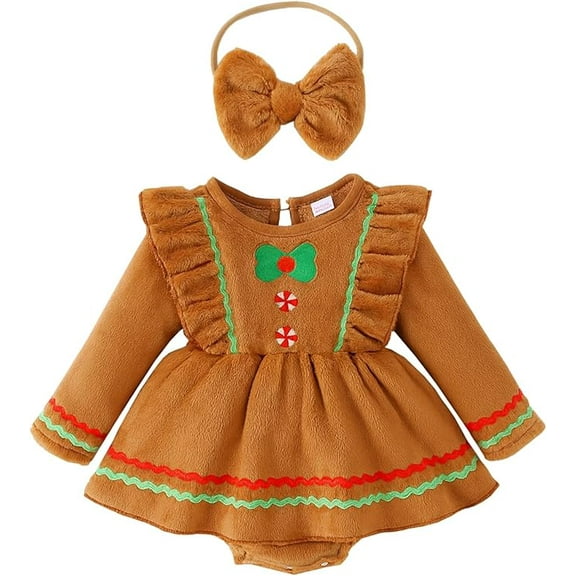 stylesilove Baby Toddler Girl Brown Gingerbread Fleece Christmas Romper Dress and Bow Headband 2pcs Holiday Outfit (3-6 Months)