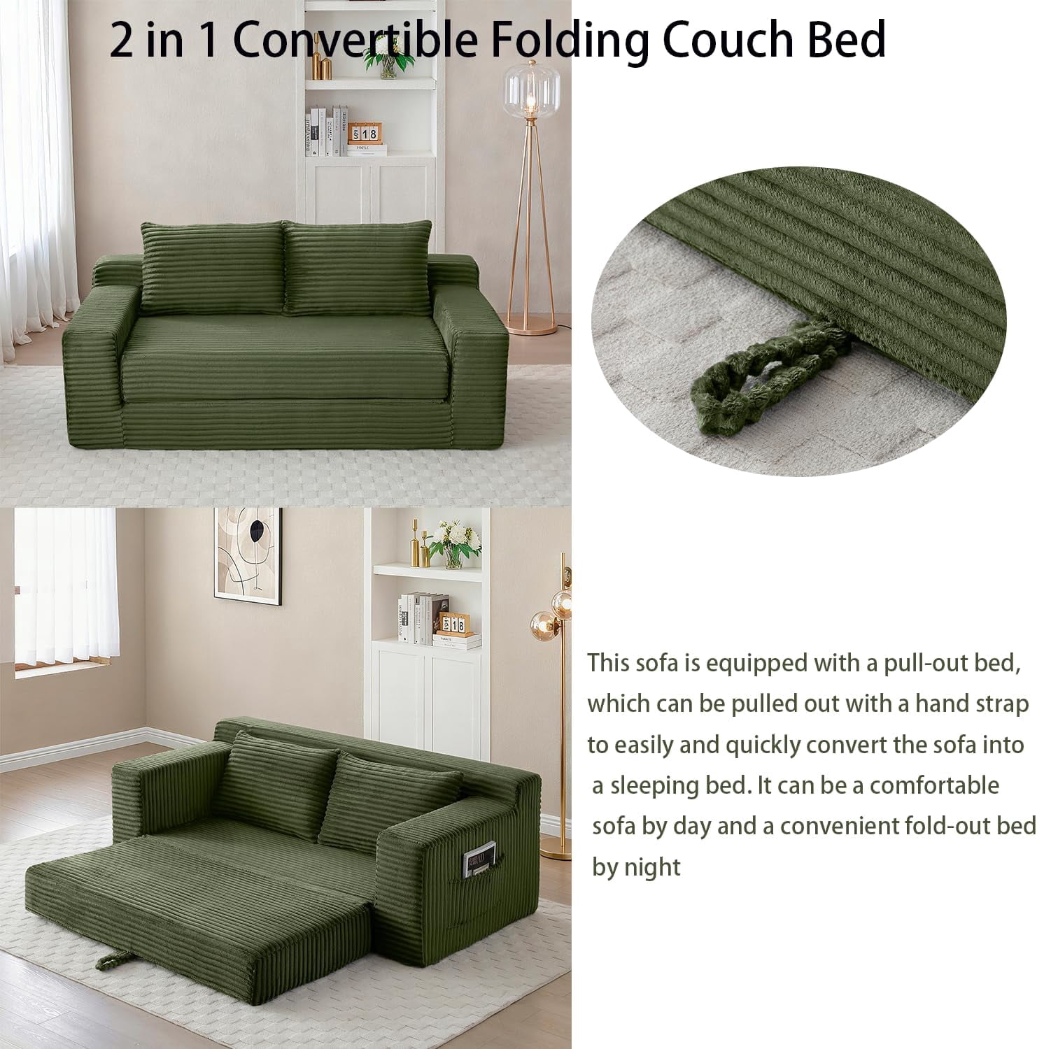 73" 2-in-1 Convertible Sofa Bed, Memory Foam Corduroy Loveseat, No Assembly, Green