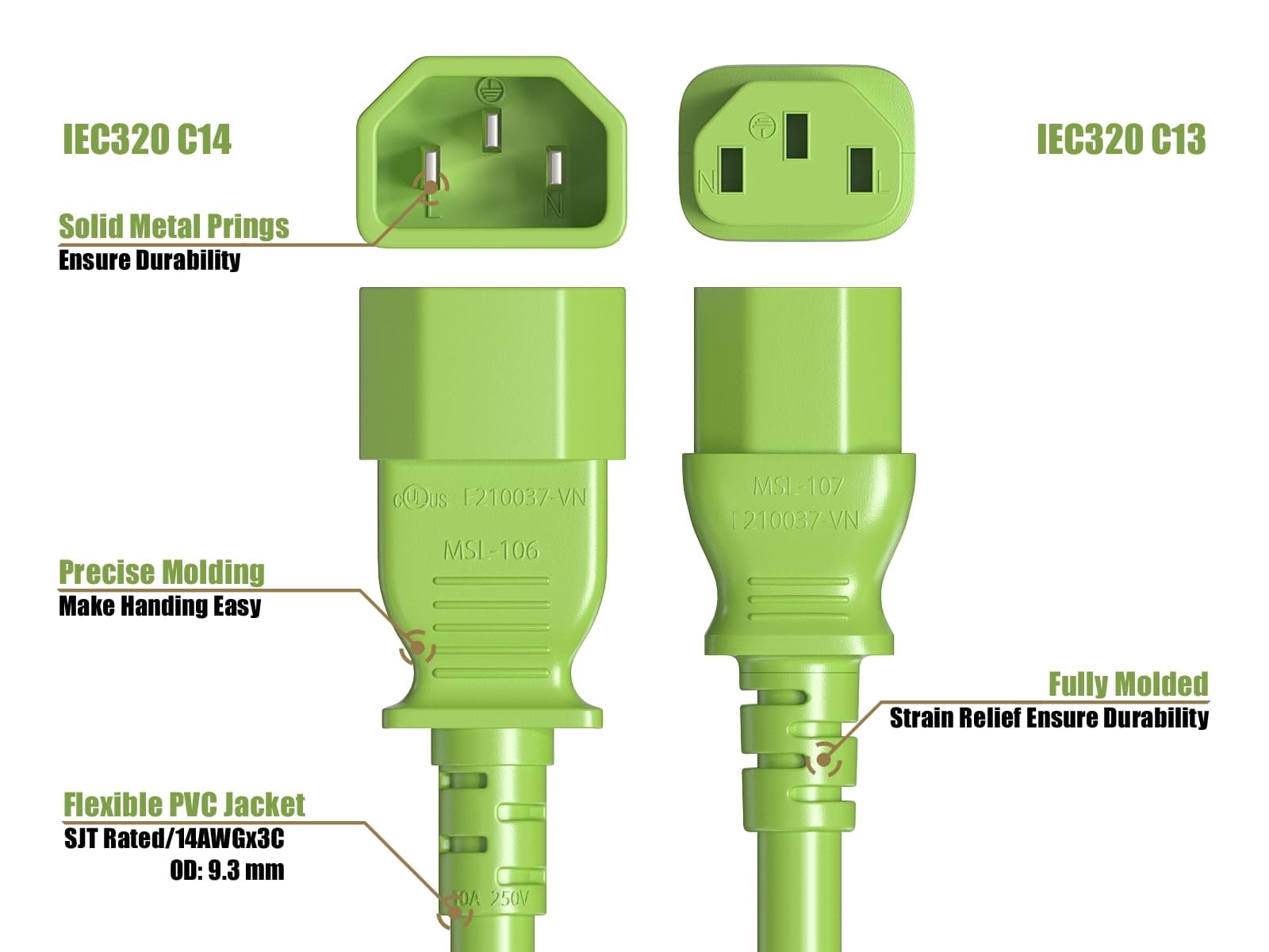 Cable Leader 4ft 14 AWG Computer Power Extension Cord IEC320 C13 to IEC320 C14, Green