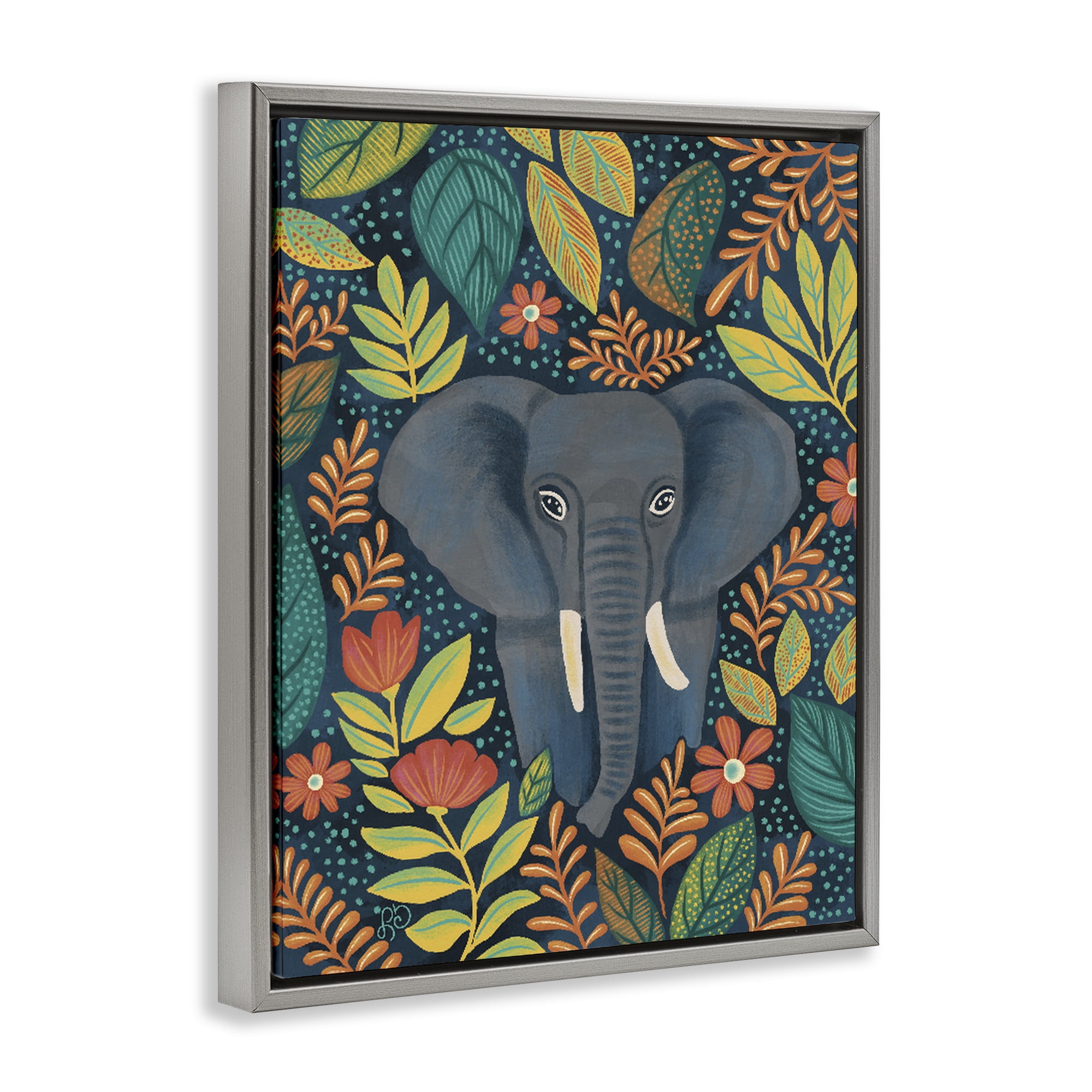 Stupell Industries Exotic Leaf Pattern Elephant Gray Framed Floater Canvas Wall Art, design by Lisa R Dumm
