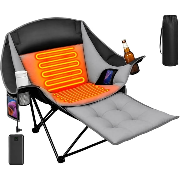 Oswerpon Heated Camping Chair with Foot Rest, Oversized Heated Chair with 20000mAh Power Bank, 3 Heat Levels, 500 lbs Capacity, Black Gray