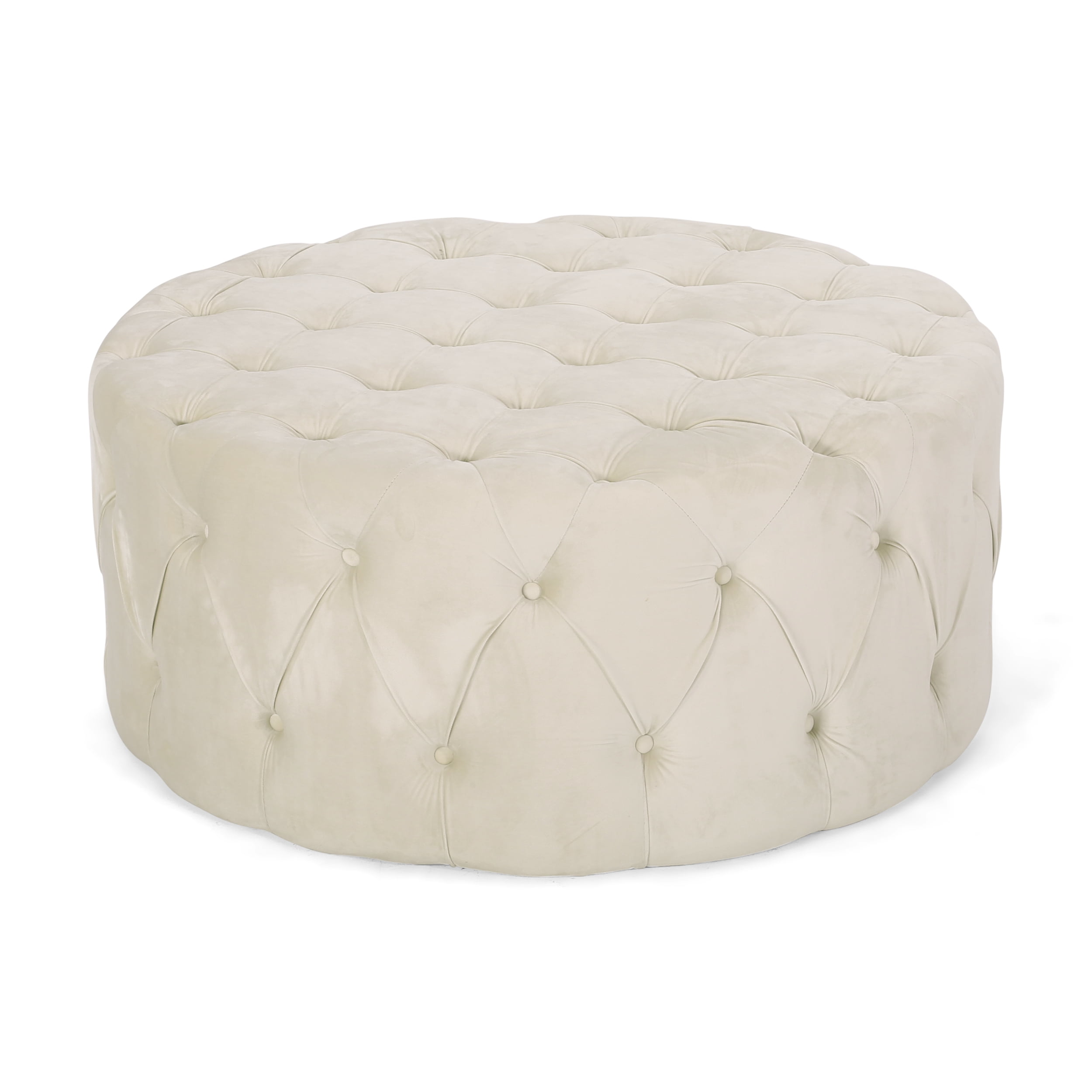 Noble House Vincent Modern Glam Round Tufted Velvet Ottoman, Beige