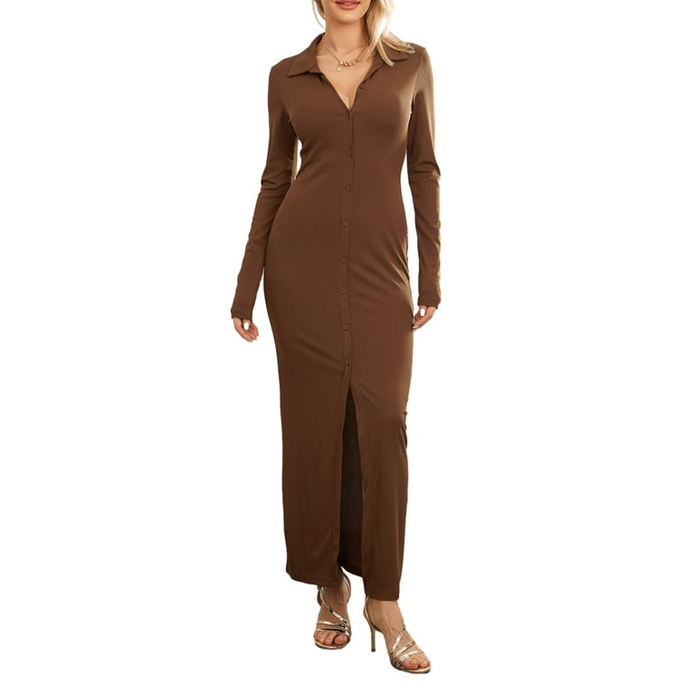 Women's Tight Fitted Long Dress Long Sleeve Button Down Turn Down Collar  Evening Dress for Spring Fall - Walmart.com