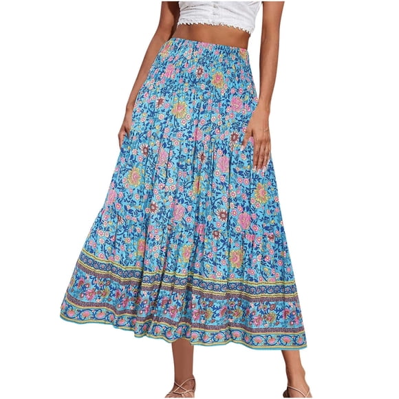 FAVIPT Jupes Longues Fluides pour Femmes Boho Vintage à Imprimé Floral Jupes Taille Haute Évasées Plissées Jupes Décontractées Mode Été Plage 2025 Jupes Bleu,m