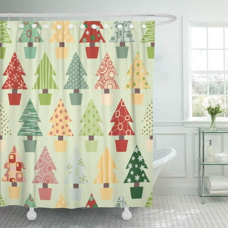 Festive Christmas Tree PKNMT Red Pattern Christmas Tree in Festive Color Scheme Green Xmas Waterproof Bathroom Shower Curtains Set 66x72 inch ()